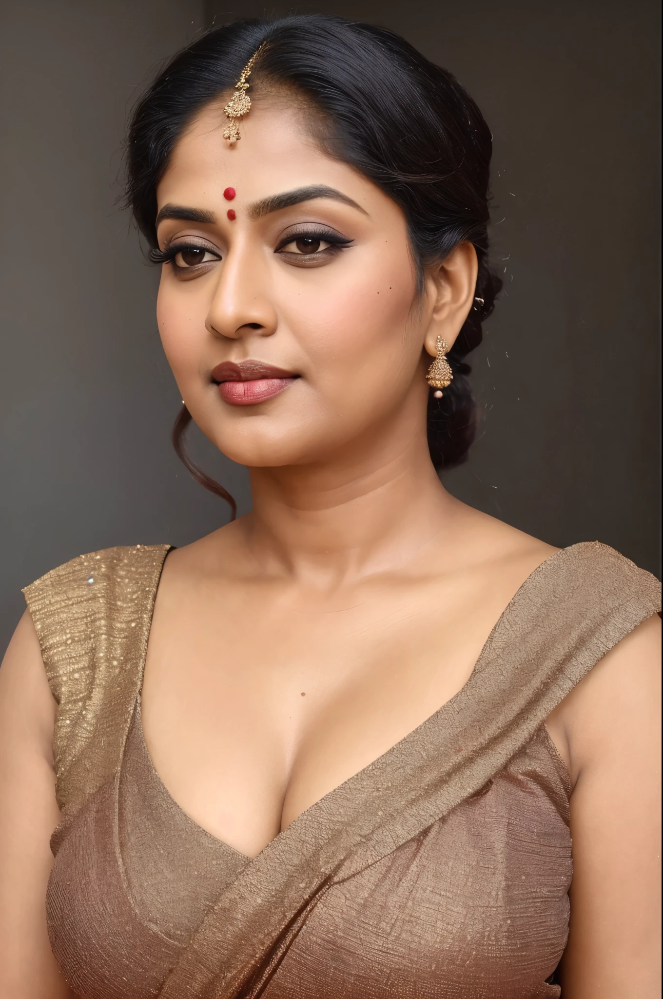 Wearing a sexy satin saree with strapless Bra, sexy Indian housewife, Looks like Indian Actress Nayanthara, actress Nayanthara, mallu, mallu aunty, desi aunty, full figured mature beauty, sweaty skin , shining skin, sweat, attractive figure, 48 years old, spicy hot, desi milf, desi aunty, a close up of a woman in a red dress in a bedroom, inspired by Avigdor Arikha, sleek!!!, indian super model, wavy hair combed to one side, actress, by Jitish Kallat, smoldering, intense smoldering, fashion, an angel, print ready, with a dramatic looking, inspired by Sudip Roy, seductive look, sexy Saree queen, sexy Saree fashion, seductive Saree, wear saree, sizzling hot Beauty, red juicy lips, detailed armpits,