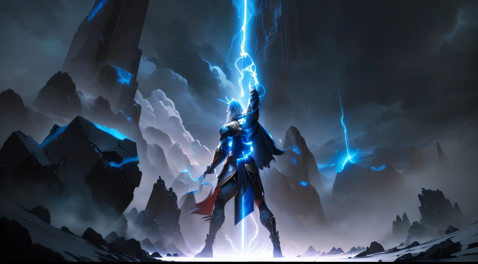 God of thunder, Detailed lighting and thunder, God of thunder, Thor, dramatic lighting. arte conceitual, epic digital arte conceitual, an epic anime of an energetic man, epic cinematic arte conceitual, Thor, epic arte conceitual, dramatic arte conceitual, epic lighting, epic digital art illustration