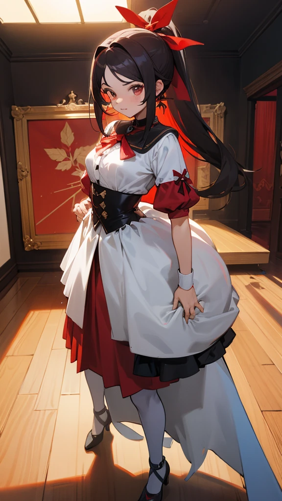 adulto, Cabello negro ondulado, mirada penetrante con ojos profundos de color rojo, estatura promedio, Silky hair with a ponytail hairstyle collected with a red bow with two white lines, tiene pechos grandes, primer plano, session, standing in the middle of his room [[[Risa malvada]]] , Sonrojada, muslos grandes, once 