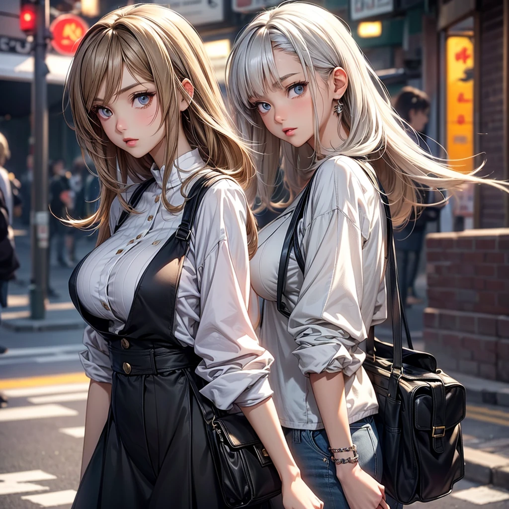 a very slim anime girl, 1girl, Big breasts, with short height, cute face, detailed face, soft perfect lips, wearing causal outfit, detailed eyes, cute