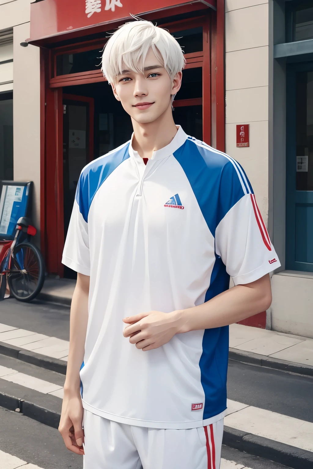 A man (siyun) has short white hair. He is tall. He is handsome and beautiful. He smiles and blushes. He has a beautiful blue eyes and beautiful hand. He has sport clothes red and white. He is in the street and walk