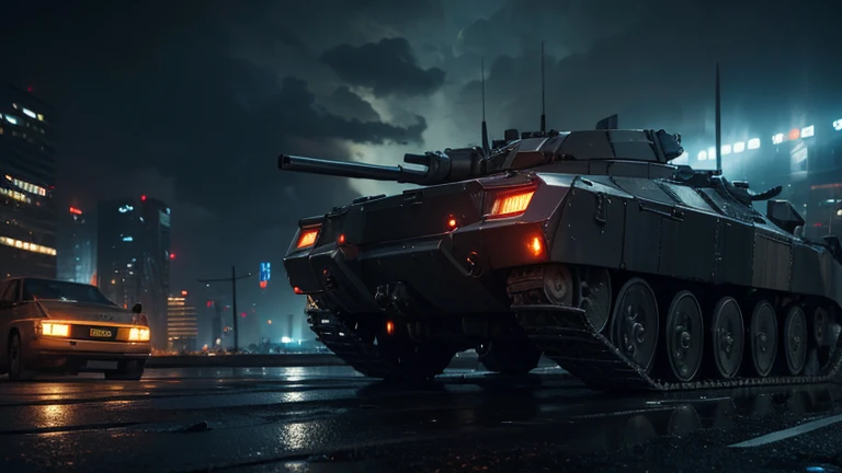 cyberpunk tank, futuristic armored vehicle, heavily armed, high tech, glowing lights, advanced technology, industrial city, neon lights, rainy night, dark atmosphere, moody lighting, gritty cityscape, post-apocalyptic, mechanical details, battle-worn, dynamic pose, intricate machinery, ominous clouds, dramatic lighting, cinematic composition, (best quality,4k,8k,highres,masterpiece:1.2),ultra-detailed,(realistic,photorealistic,photo-realistic:1.37)