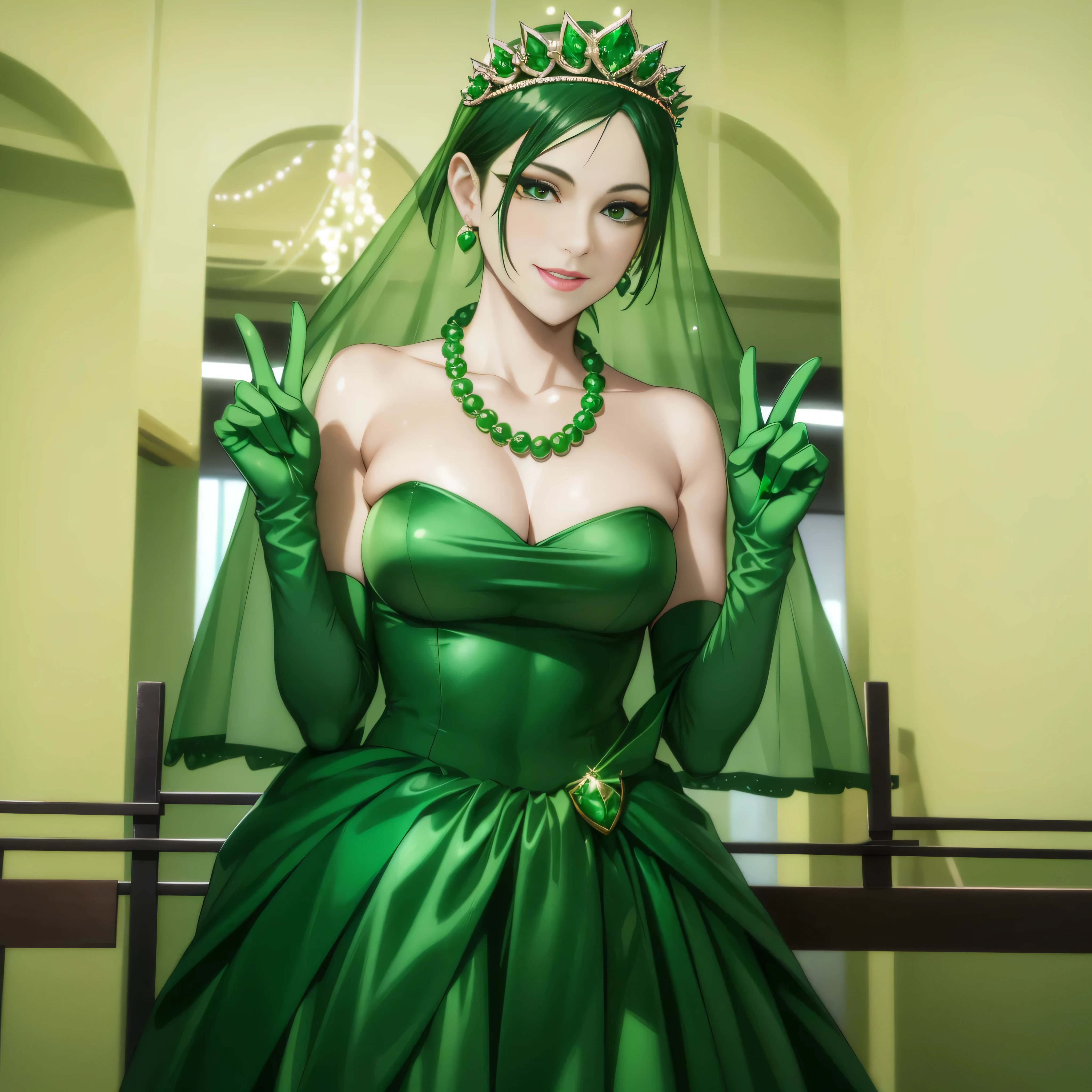 Emerald tiara, Green Pearl Necklace, Boyish very short green hair, lipstick, Smiling Japan woman in her 30s, Very short hair, Big and beautiful, Green Eyes, Long green satin gloves, Big Breasts, V sign, Emerald Earrings, Green veil