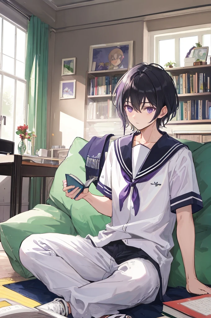 ((man))，Mature，university student，Black short hair，Purple Eyes，White sailor suit，Short sleeve，living room，，Sitting，Looking down at a book，Gentle，