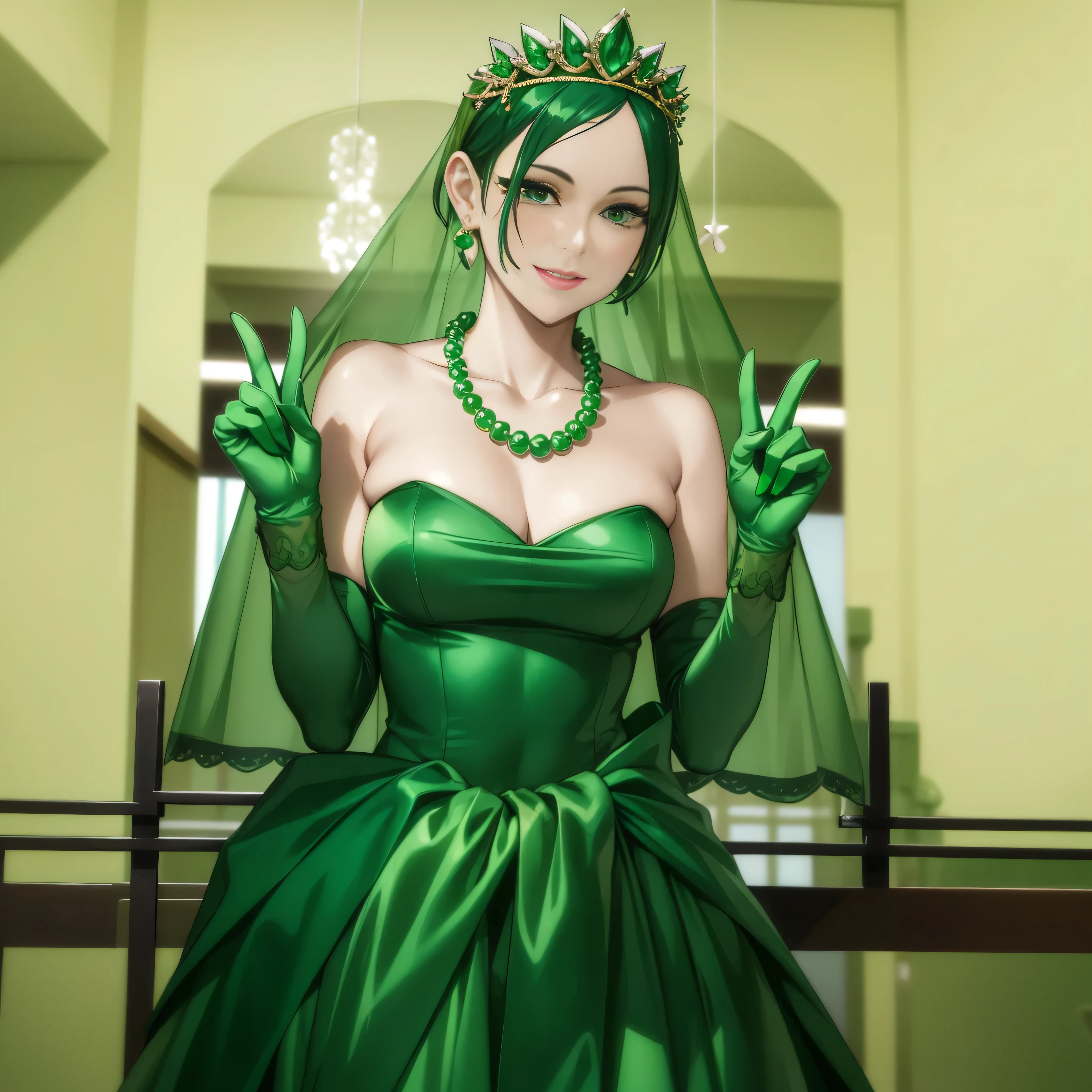 Emerald tiara, Green Pearl Necklace, Boyish very short green hair, lipstick, Smiling Japan woman in her 30s, Very short hair, Big and beautiful, Green Eyes, Long green satin gloves, Big Breasts, V sign, Emerald Earrings, Green veil
