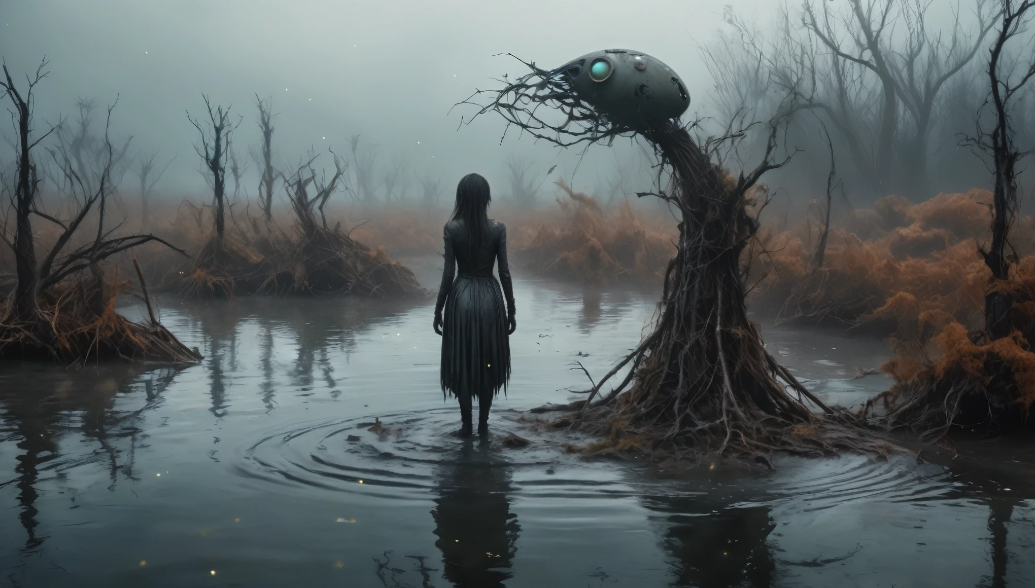 young graphite witch made of dead plants , radioactive atmosphere,charcoal abandoned mechanical clockwork Spaceship, steampunk dark horror fantasy, ominous landscapes,large number of stars fly towards the viewer,radioactive world,ruined theme,lots of toxic dust,amazon,full body length,once pretty face,full body length, eerie atmosphere, ethereal presence, toxic mists, supernatural entities, sinister aura, dark and twisted branches, macabre elements, eerie and ominous lighting,Complicated detail,captivating creation,intricate details,extremely detailed,masterpiece,intricate details,eyes extremely detailed, high detailed eyes,32k resolution, Nikon Z9,After tsunamis,like Stone Forest in Yunnan Province of China,Simon Stalenhag,Nicola Samori,Wangechi Mutu,pale demon woman crawling out the water in a foggy marsh, horror movie, cinematic look, creepy aesthetic, ultra detailed, photorealistic, masterpiece.