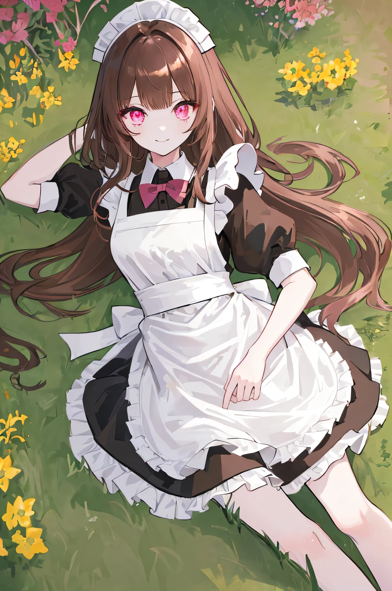 [(grassland background:1.4)::5],original,(illustration:1.1),(best quality),(masterpiece:1.1),(extremely detailed CG unity 8k wallpaper:1.1), (colorful:0.9),(mid shot:0.95),(highly detailed beautiful face and eyes),(solo:1.2), (girl),(((adult))), (detailed beautiful eyes:1.15), (beautiful face:1.15), (glowing pink eyes:1.25////),(brown long hair),(blunt bangs),(+perfect hand+:1.21),(Draw an illustration of maid girl),(Religious),(slender),(wearing maid clothes),white skin,(white and black maid clothes),laugh,smile,((((adult)))),