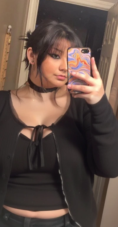 araffe woman taking a selfie in a mirror with a cell phone, wearing black choker, wearing intricate black choker, wearing choker, 1 7 - year - old goth girl, she is about 1 6 yeayears old, 1 6 years old, weave american choker, wearing a chocker and cute hat, she is about 20 years old, Big, huge , no clothes, sexy, cute, no clothes, thibbw, chubby stomach, thick nipp, nipple piercings, large ahard nippiercing through shirt, bmajor cleavagd, ripping through top, spilling sides, bra to extra wids, fat bbw, showing off huge belly, fat stomach, fat bbw, big tummy, bare stomach, unered stomach, play with stomach, belly muffin , belly hanging out of clothes, belly out, muffin top spilling over, no clothes, naked, big fat belly, belly fat spilling out, no clothes