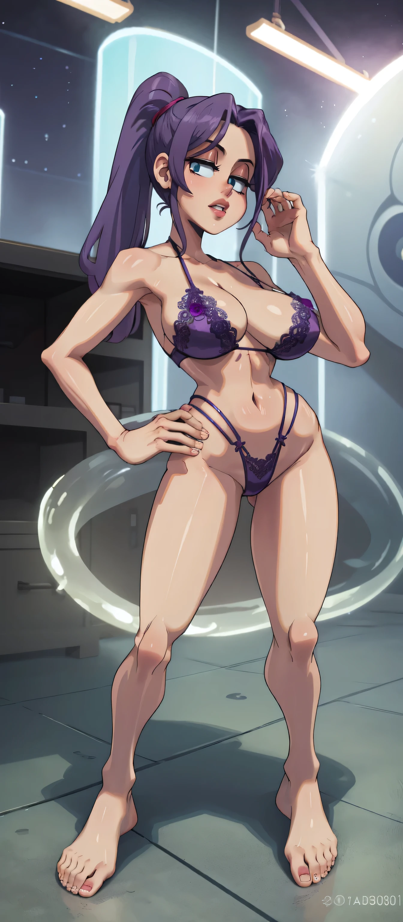 Masterpiece, best quality, Masterpiece, best quality, 1 woman, Tie your hair into a long purple ponytail.... , green eyes. , Cold face. , purple lace bikini , big breasts , abdomen , Long legs , Put your hands on your hips...... , Barefoot , full body , abandoned factory , at night
