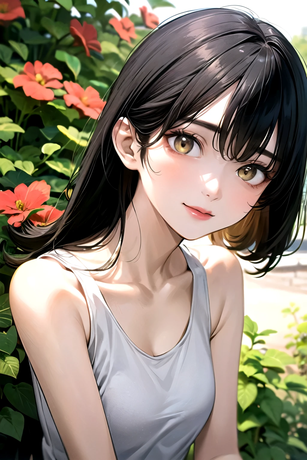 ((best quality)), ((masterpiece)), (detailed), perfect face. Asian girl. Black hair. Yellow eyes. Tanktop. Garden.