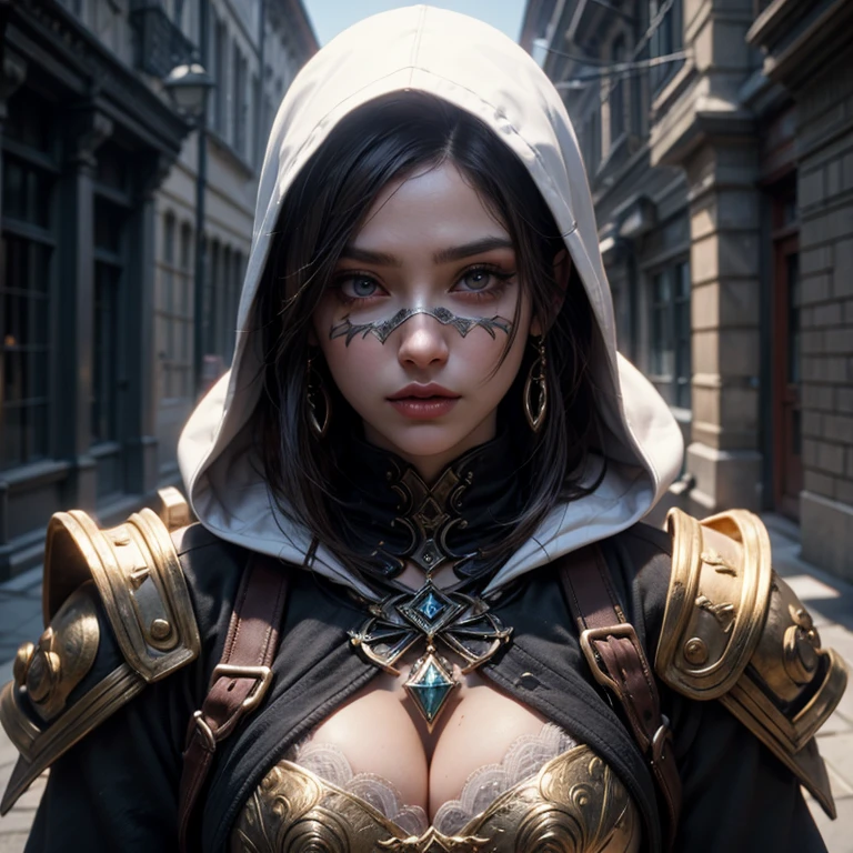 A full-body shot of depraved Princess Zelda, brown hair, blue eyes, dressed as an Assassin from Assassins Creed, in white+gold witha white mask and hood with gold details, XL bust, using a wrist blade. Background: A city during the renaissance period. Unreal Engine 5, Anime, Anime style, Masterpiece, Well drawn eyes, well drawn face, well detailed eyes, well detailed face, 8k, light and shadow effect.