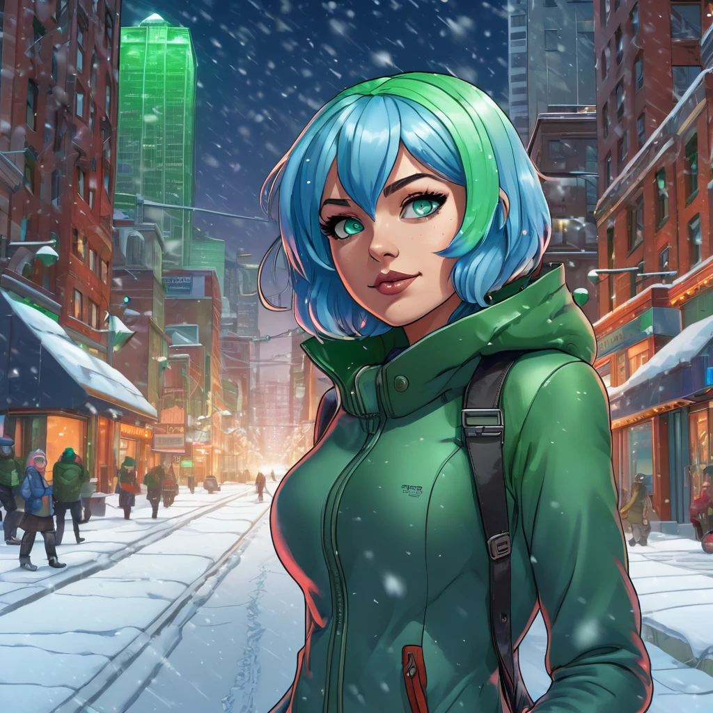 best quality,ultra high res,1girl,solo,full body,snow,city,, blue hair,green eyes,jk, titfuck futurama
