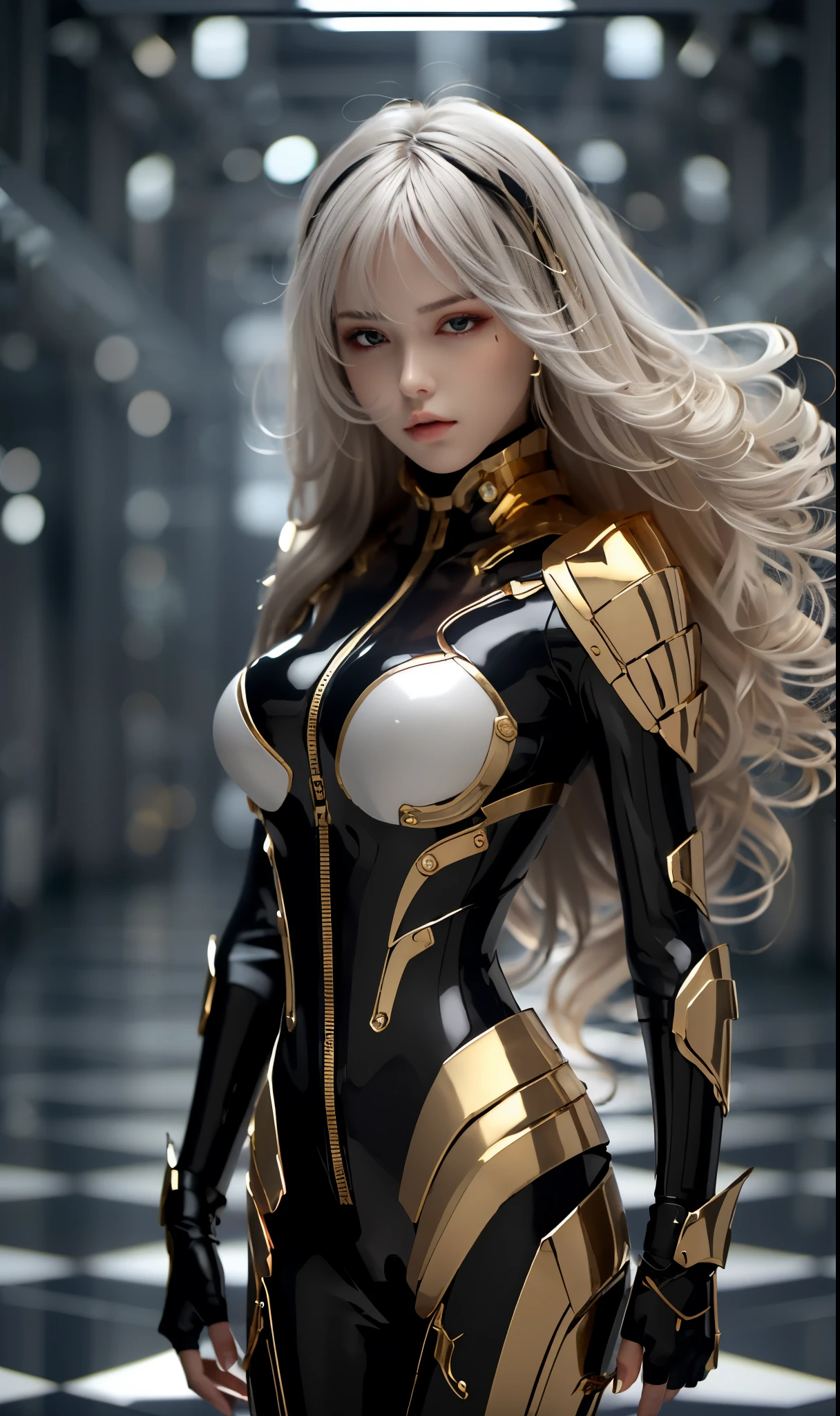 (dramatic, gritty, intense:1.4),masterpiece, best quality, 8k, insane details, intricate details, hyperdetailed, hyper quality, high detail, ultra detailed, Masterpiece,white hair(full body:1.1), (Milky skin, shiny skin:1.4)
a picture of an anime girl in golden armor, in the style of hyper-realistic sci-fi, light silver and light black, animated gifs, dark black, delicate constructions, glossy finish, machine-like precision big tits