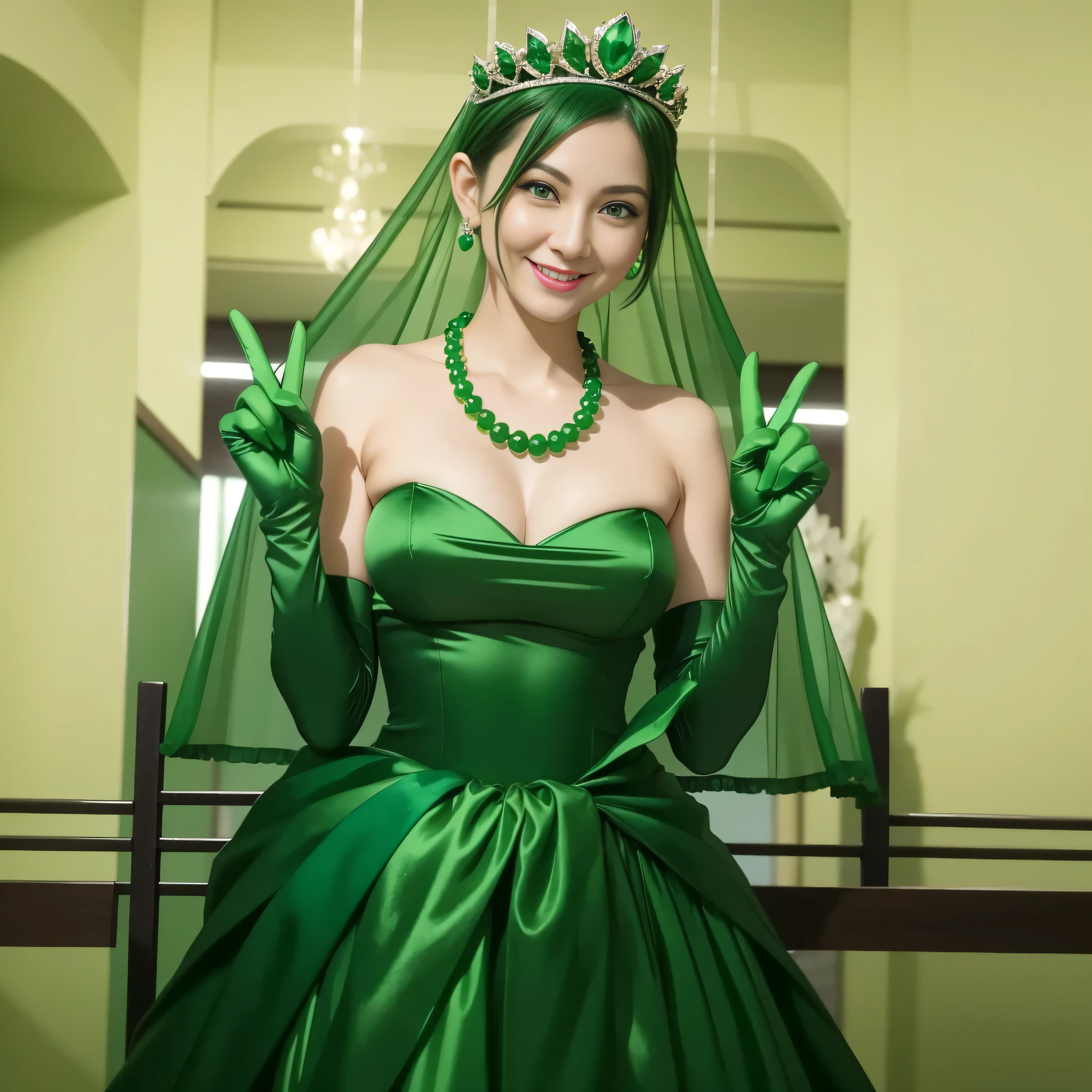 Emerald tiara, Green Pearl Necklace, Boyish very short green hair, lipstick, Smiling Japan woman in her 30s, Very short hair, Big and beautiful, Green Eyes, Long green satin gloves, Big Breasts, V sign, Emerald Earrings, Green veil
