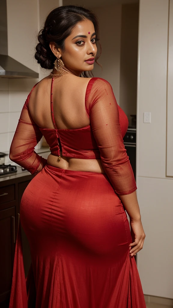 extreme close up photo of sexy mahie gill in a long dress , rear view , curvy, full length dress, sleeved red lehenga, in kitchen, French braid hair, chubby, thick hips