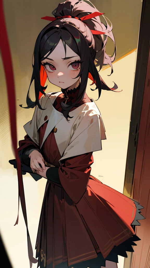 adulto, Cabello negro ondulado, mirada penetrante con ojos profundos de color rojo, estatura promedio, Silky hair with a ponytail hairstyle collected with a red bow with two white lines, tiene pechos medianos, primer plano, session, standing in the middle of his room [[[Risa malvada]]] , Sonrojada, muslos grandes, once 