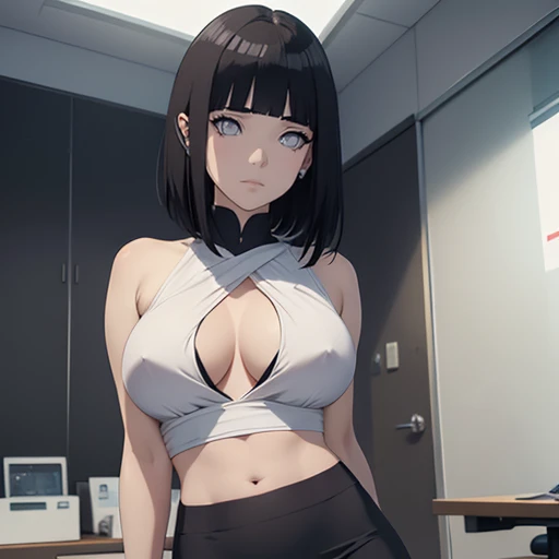 (masterpiece), anime, Best quality, good anatomy, one girl, Hinata Hyuga, (full height), white eyes, Big breasts, realistic face, gloomy face, Looking down, dark hair, short haircut, navel ,bare shoulders, tight black top, decollete, black pencil skirt, tall legs, beautiful legs, office, Reflectors, 8K masterpiece, super detail, film movie, best quality, best ditails, detailed face, detailed eyes, camera from bellow