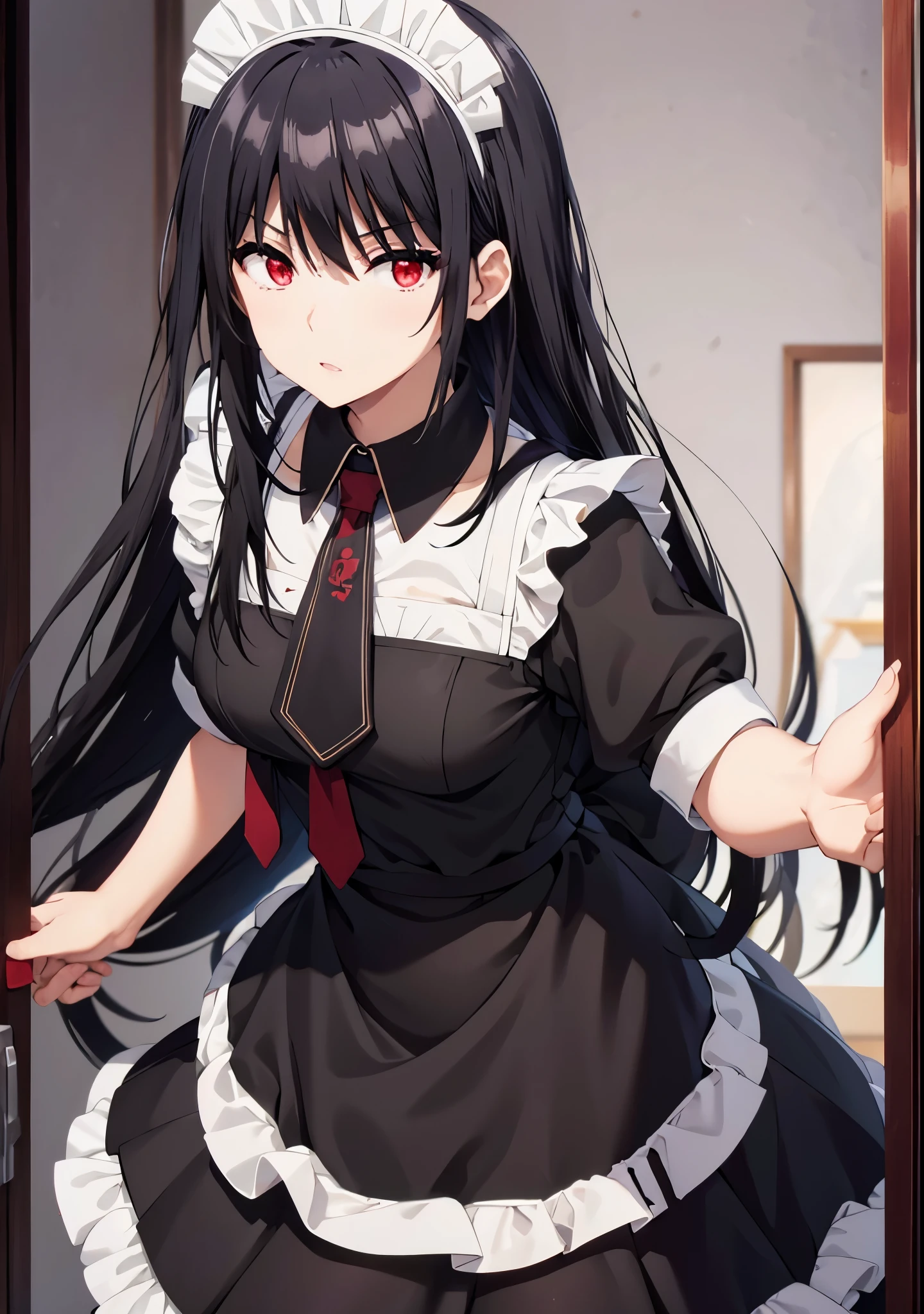 black hair,red eyes,(((maid dress,tie))),long hair,
