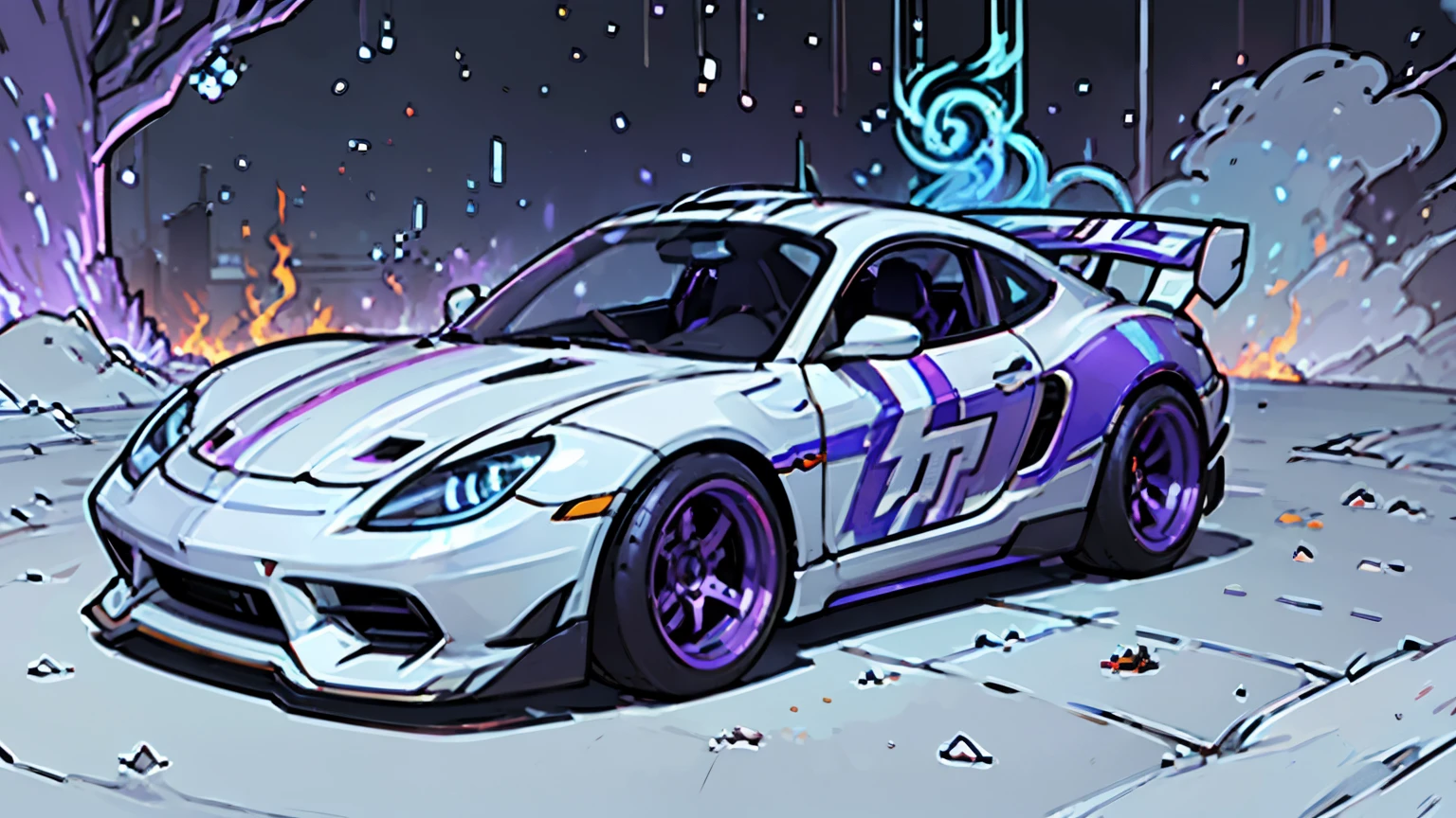 racing car( white, blue and purple colors), espiritual design car, flaming espiritual blue fire in wheels, racing car, anime car, racing anime car, spiritual fire in wheels, purple and blue car
