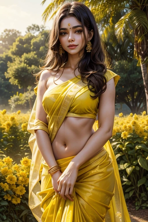 Perfect face, cute girl, brunette, big breasts, yellow half saree, naked, garden, yellow flowers everywhere,