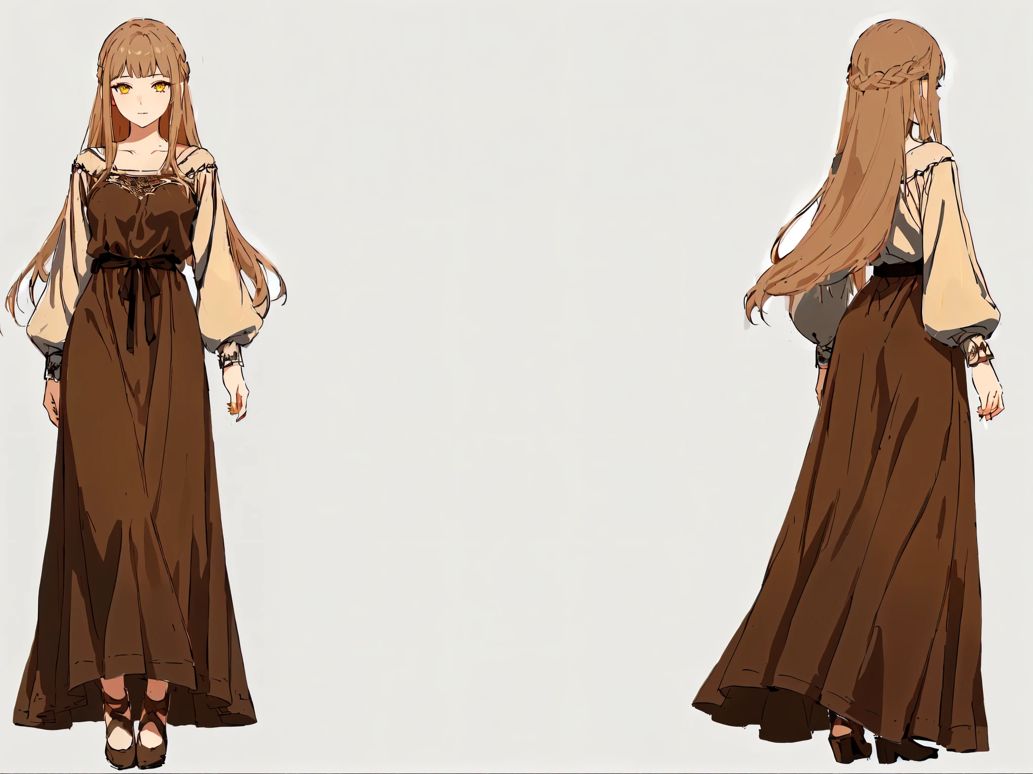 close-up of a woman in a long dress with a handbag, detailed full body concept art, full body concept art, beautiful full body concept art, full body character concept art, wearing long, loose clothes, ( ( character concept art ) ), Anime Full Body Illustration, full body character design, full body concept, pretty anime character design, anime character design, golden eyes, bright yellow eyes, ярко golden eyes