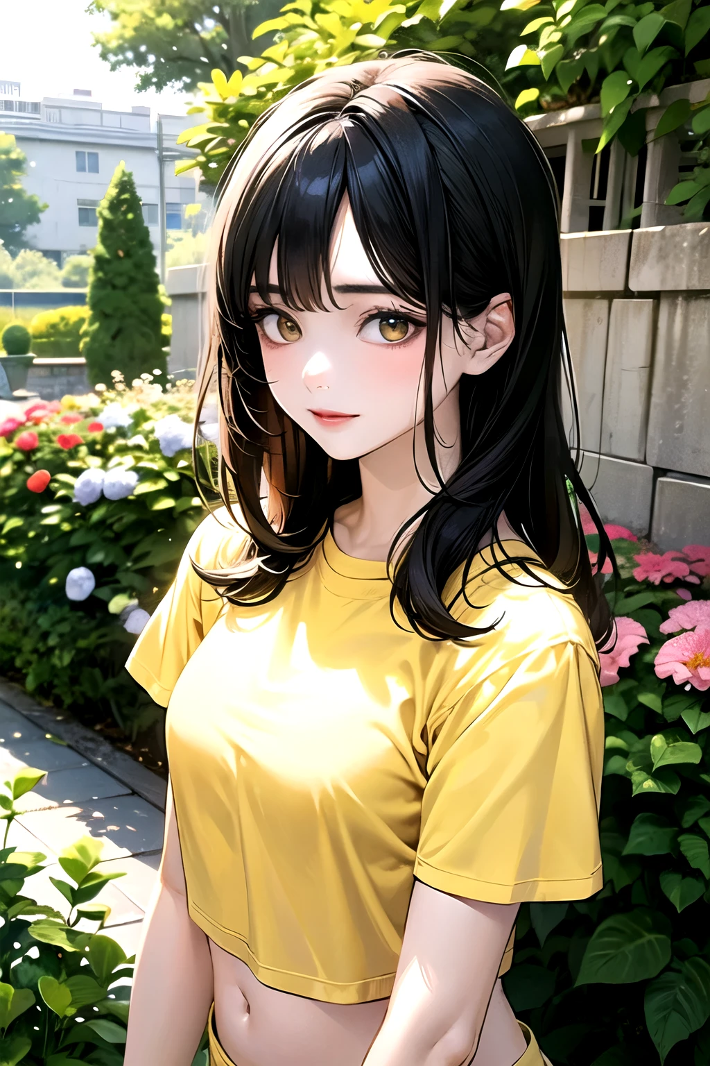 ((best quality)), ((masterpiece)), (detailed), perfect face. Asian girl. Black hair. Yellow eyes. T-shirt. Garden. Belly.
