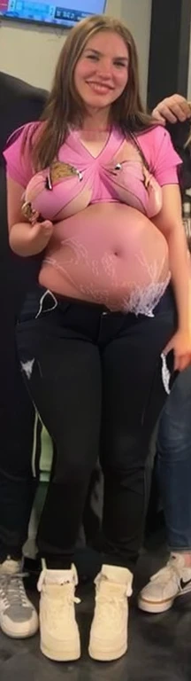 Arafed girl naked with a sash posing for a picture, large thighs, widest hips, skinny waist and thick hips, wide hips, 2 4 year old female model, smallest waistline ever, large hips, her hand is on her waist, insanely inflated hips, her belly is fat and round, she has a jiggly fat round belly, Big , huge , no clothes, sexy, cute, wide hips, thick thighs, pear-shaped body, minimal clothes, thick, bbw, chubby stomach, thick nipples, nipple piercings, large areola, hard nipples, piercing through shirt, nipples hard through shirt, muscular, strong, thick hips, minimal clothes, work out girl, low cut v neck shirt with cleavage, fat chubby stomach, bikini, fat round stomach