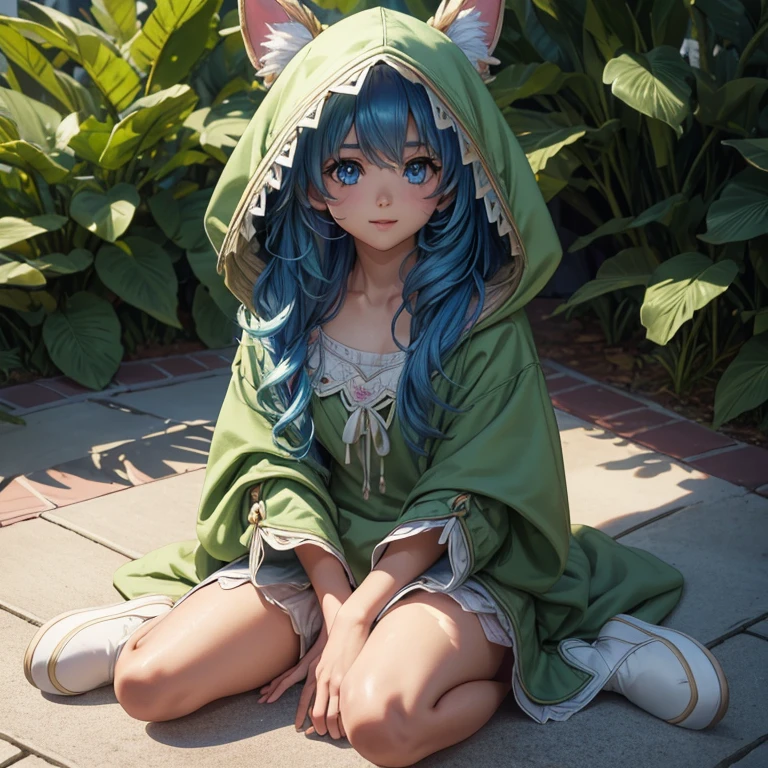 Masterpiece, best quality, best illustration, HDR, Beautiful details, intricate details, detailed scenery, dramatic light, best shadow. 1 Girl, Natsumi Kyouno, looking at viewer, collarbone, puppet, outdoors, sunlight, tree, lawn, sitting on floor. Girl has long blue hair, messy hair, (beautiful and detailed blue eyes), pink lips, smile, blush, (beautiful and detailed face with perfect symmetry), full body, green hoodie, hood on head, short black shorts, shoes, (anatomically shaped perfect skin, perfect correct texture, high details, shiny skin). cinematic lighting, vivid colors, depth of field