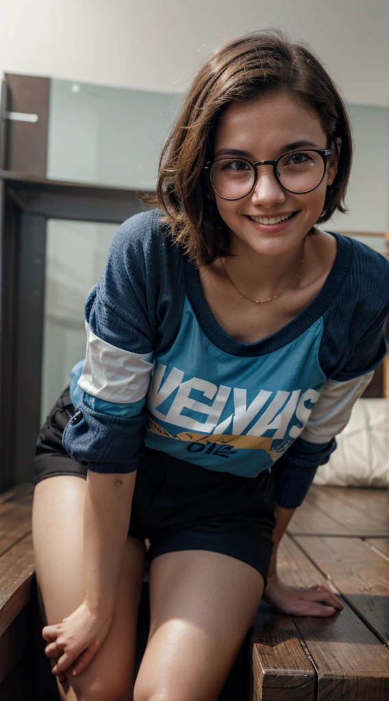 1 Girl,round glasses,big glasses,smiling,looking at the camera,Short dirty hair,black,round eyes,blue blue shirt, black shorts, close-up, magazine shot, dynamic pose