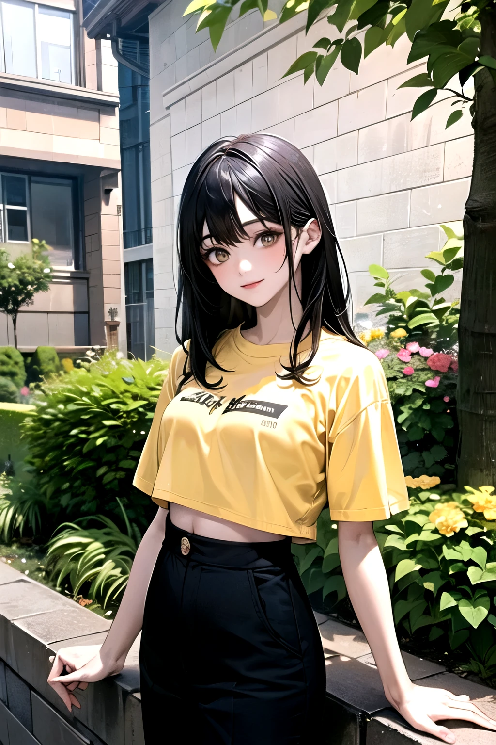 ((best quality)), ((masterpiece)), (detailed), perfect face. Asian girl. Black hair. Yellow eyes. T-shirt. Garden. Belly. Long pants.