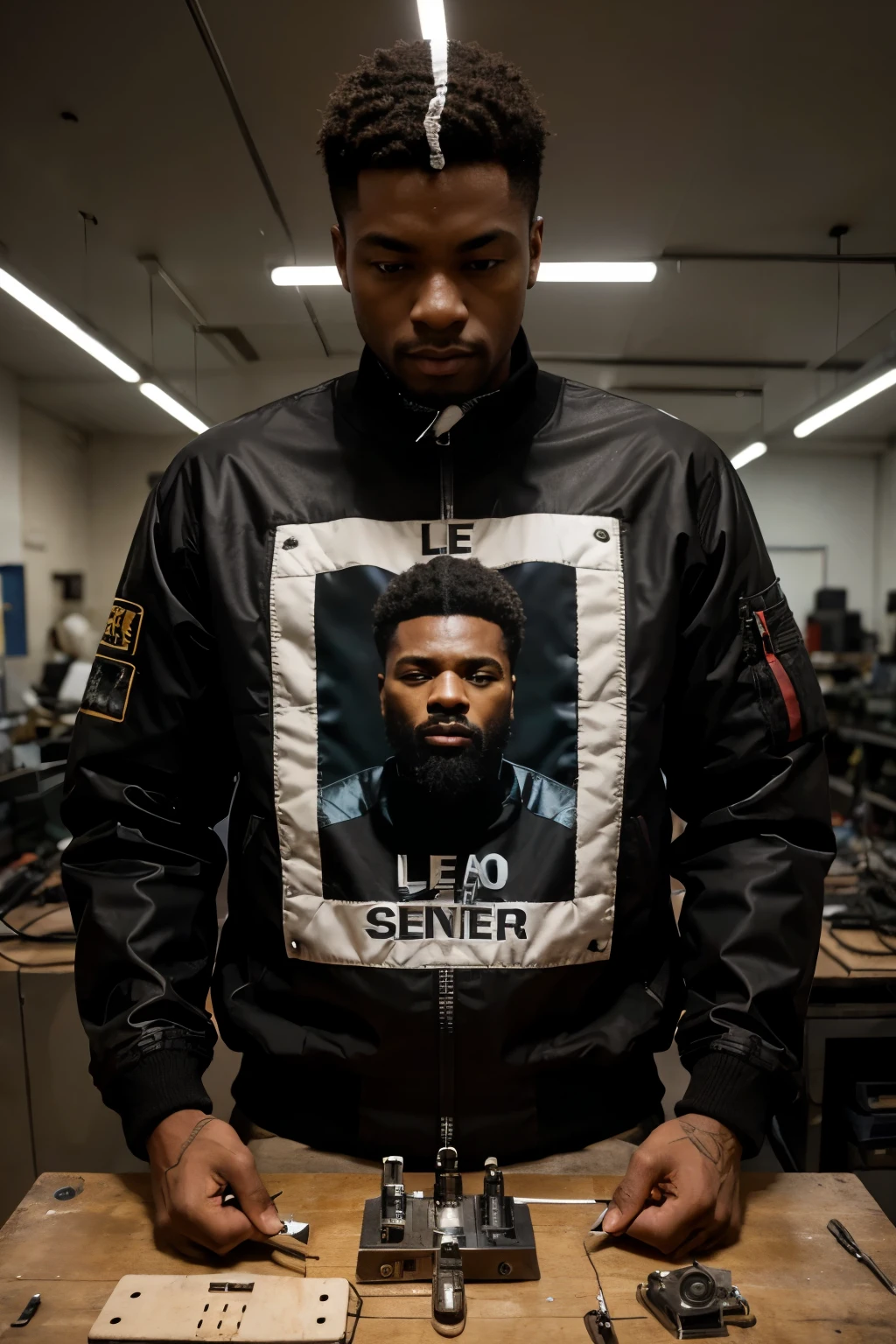 Un personaje masculino de pelo negro con una chaqueta con las letras "leo" on the front of the jacket with a tester in one hand and in the other a soldering iron and electronic components and below the words technical services