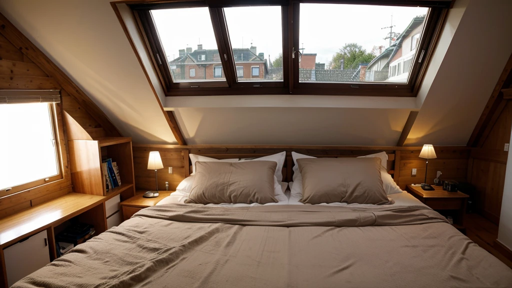 bed on loft  near the window