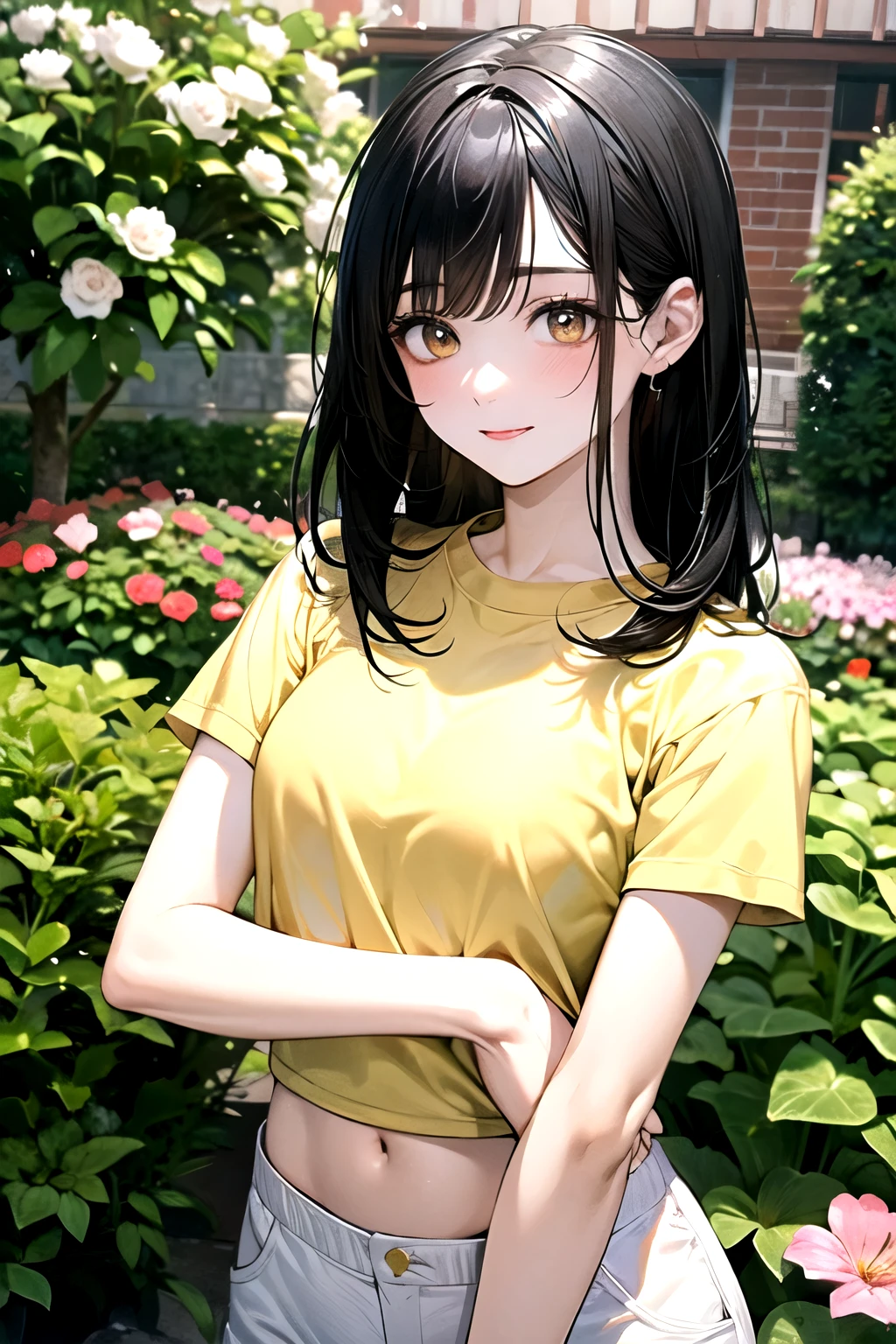 ((best quality)), ((masterpiece)), (detailed), perfect face. Asian girl. Black hair. Yellow eyes. T-shirt. Garden. Belly. Long pants.