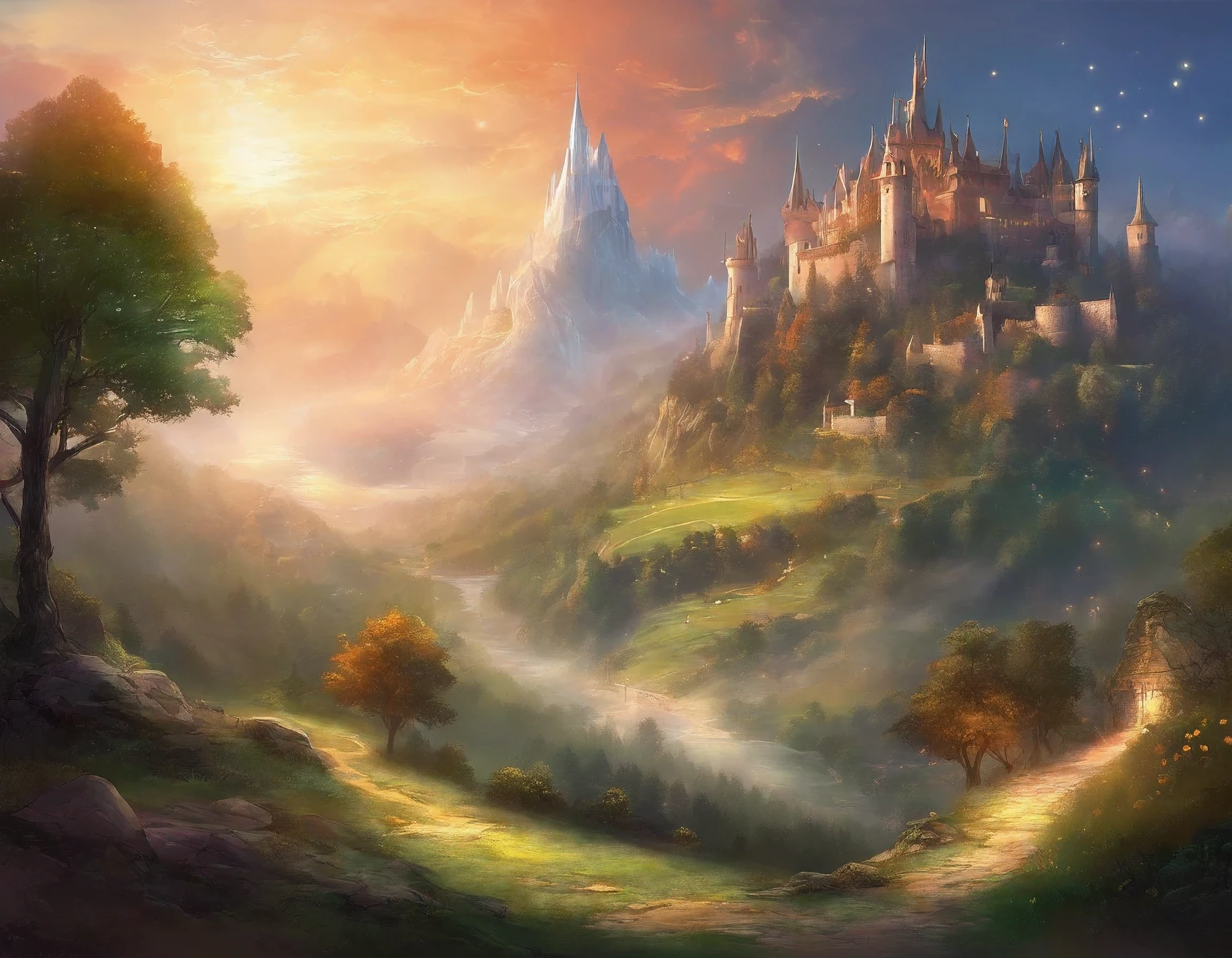 A huge landscape photo (bottom view, which shows the sky and the forest, the castle in the center of the village on a flat surface is surrounded by forest (shooting stars: 0.9), (nebula: 1.3), a village with a castle, a forest near the village, realistic details  BREAK (Masterpiece: 1.2), (Best Quality), 4K, Ultra Detail, (Dynamic Composition: 1.4), Detailed, Colorful Details, (White Color Scheme: 1.2), (Glowing Lighting, Ambient Lighting), Dreamy, Elvish, Medieval Atmosphere  , Not too bright, top view