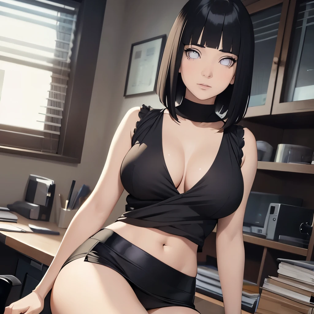 (masterpiece), anime, Best quality, good anatomy, one girl, Hinata Hyuga, (full height), white eyes, Big breasts, realistic face, gloomy face, Looking down, dark hair, short haircut, navel ,bare shoulders, tight black top, decollete, black pencil skirt, tall legs, beautiful legs, office, Reflectors, 8K masterpiece, super detail, film movie, best quality, best ditails, detailed face, detailed eyes, camera from bellow