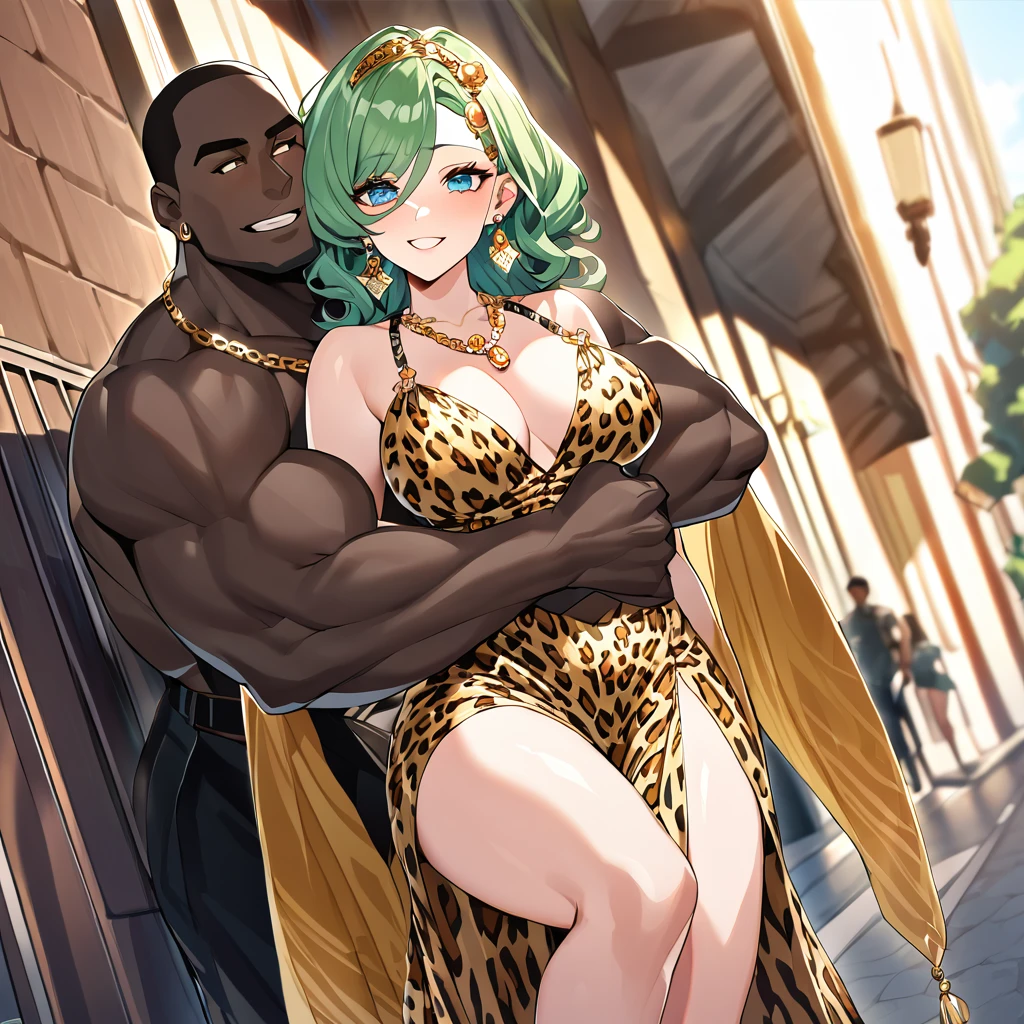 ((highest quality)), ((masterpiece)), (detailed), (Perfect Face)、The woman is Lydia, a blue-eyed woman with long, lightly wavy, asymmetrical green hair and a gold hair accessory. She is wearing a gorgeous head dress chain, a gorgeous necklace, gorgeous earrings, gorgeous bracelets, and an engagement ring.、The woman is wearing a shiny leopard print dress with a long slit, shiny gold boots, and a furry leopard print cape.、The woman is smiling happily as she cuddles with a muscular black man in the street.、The burly black guy has an engagement ring, a big fat dick and big balls、A rugged black man holds a woman close and fondles her
