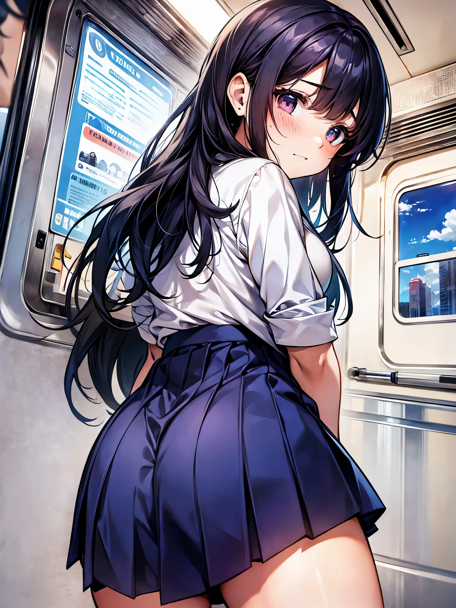 (((NSFW:1.3))), (((Highest quality, Highest Resolution, masterpiece, movie))), (((On the school train:1.3. Train Doors:1.3))), (((being molested:1.6. The Perfect Body:1.3 1 Female High School Student:1.3. Focus on the buttocks: Composition from below:1.3 Black hair, medium length, round eyes, embarrassing:1.3. Sweat:1.3. Excited:1.3 Cute high school uniforms:1.3. Back view: red face:1.3. A navy blue skirt is lifted up and she is wearing white underwear.:1.3))), (((1 male:1.3. Molester in a Suit:1.6. Touching a girl&#39;s buttocks:1.3)))