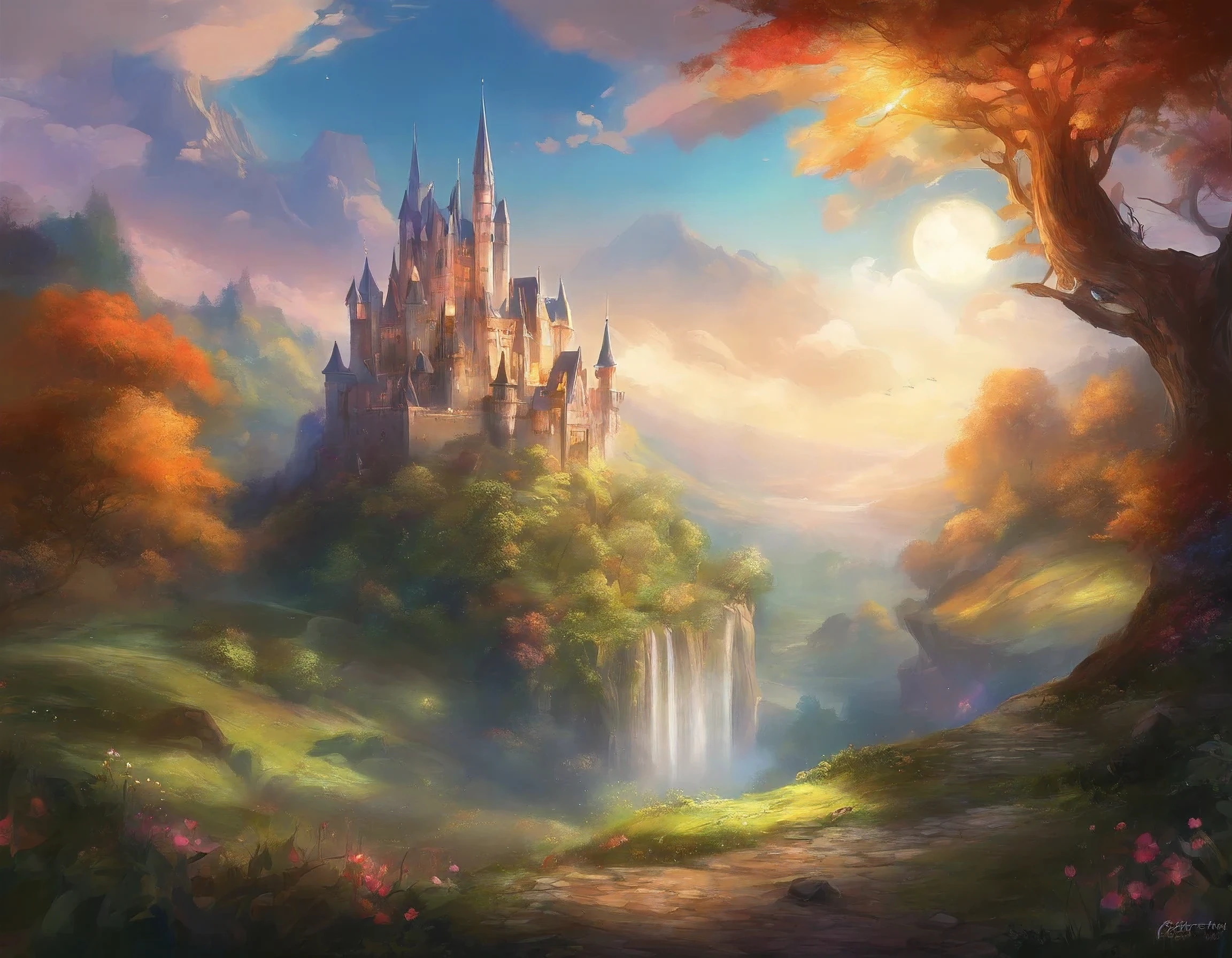A huge landscape photo (bottom view, which shows the sky and the forest, the castle in the center of the village on a flat surface is surrounded by forest (shooting stars: 0.9), (nebula: 1.3), a village with a castle, a forest near the village, realistic details  BREAK (Masterpiece: 1.2), (Best Quality), 4K, Ultra Detail, (Dynamic Composition: 1.4), Detailed, Colorful Details, (White Color Scheme: 1.2), (Glowing Lighting, Ambient Lighting), Dreamy, Elvish, Medieval Atmosphere  , Not too bright, top view