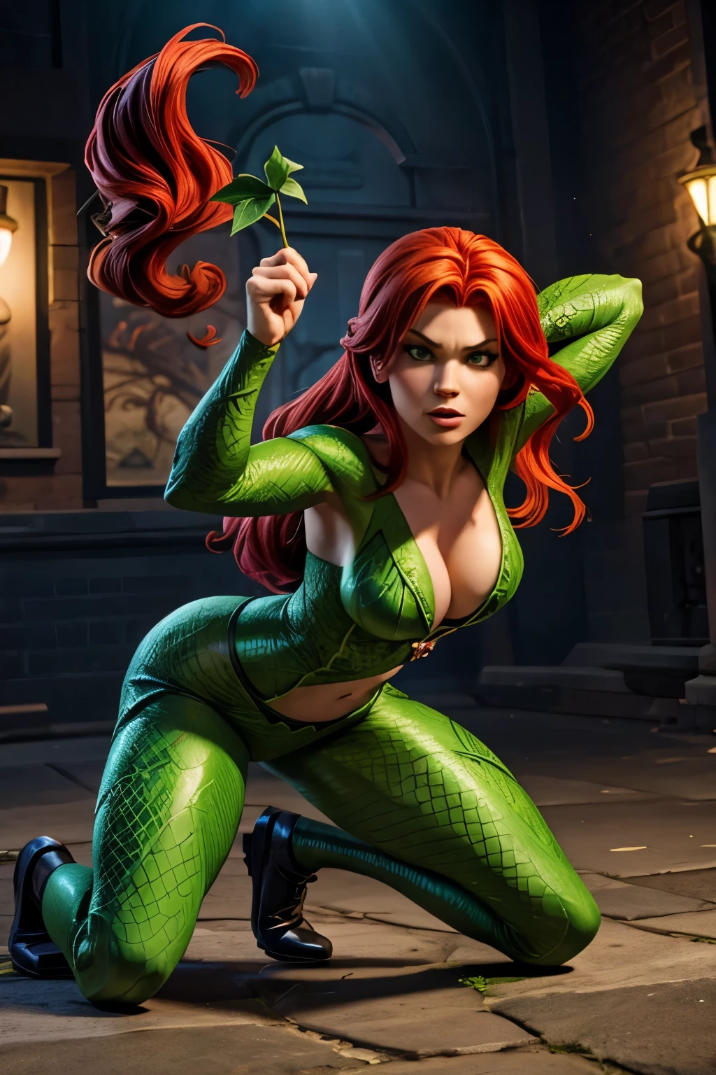 Play the DC character, Poison Ivy In an attack pose.