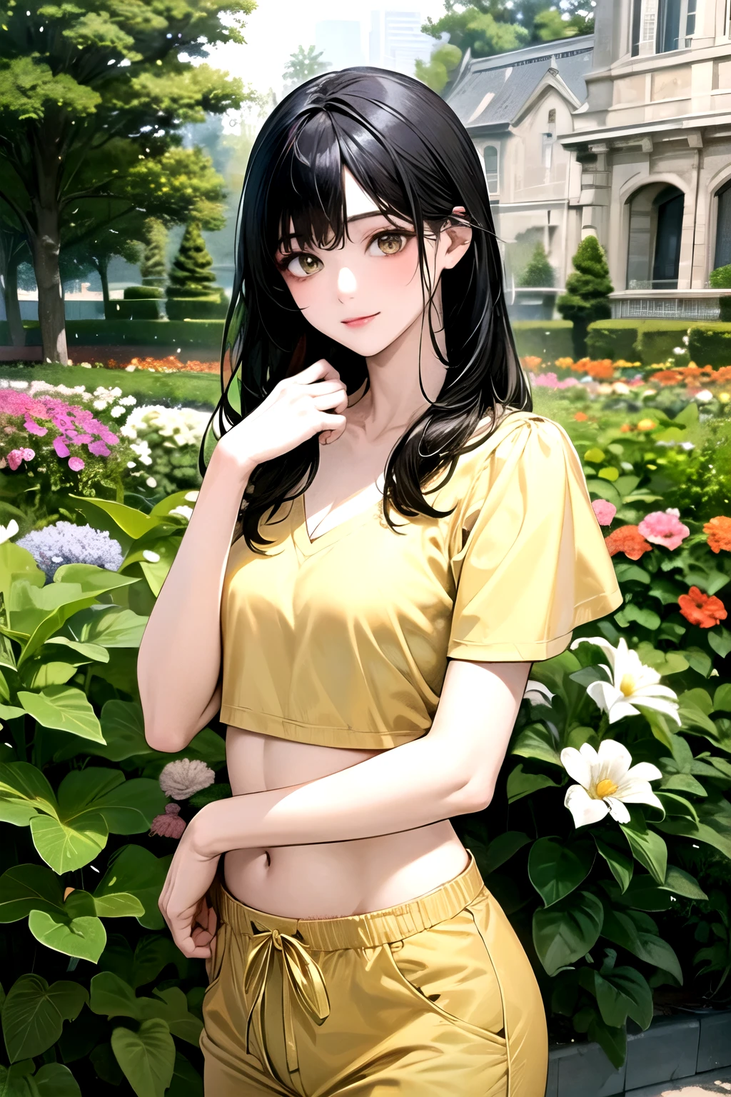 ((best quality)), ((masterpiece)), (detailed), perfect face. Asian girl. Black hair. Yellow eyes. Garden. Belly. Long pants. V neck.