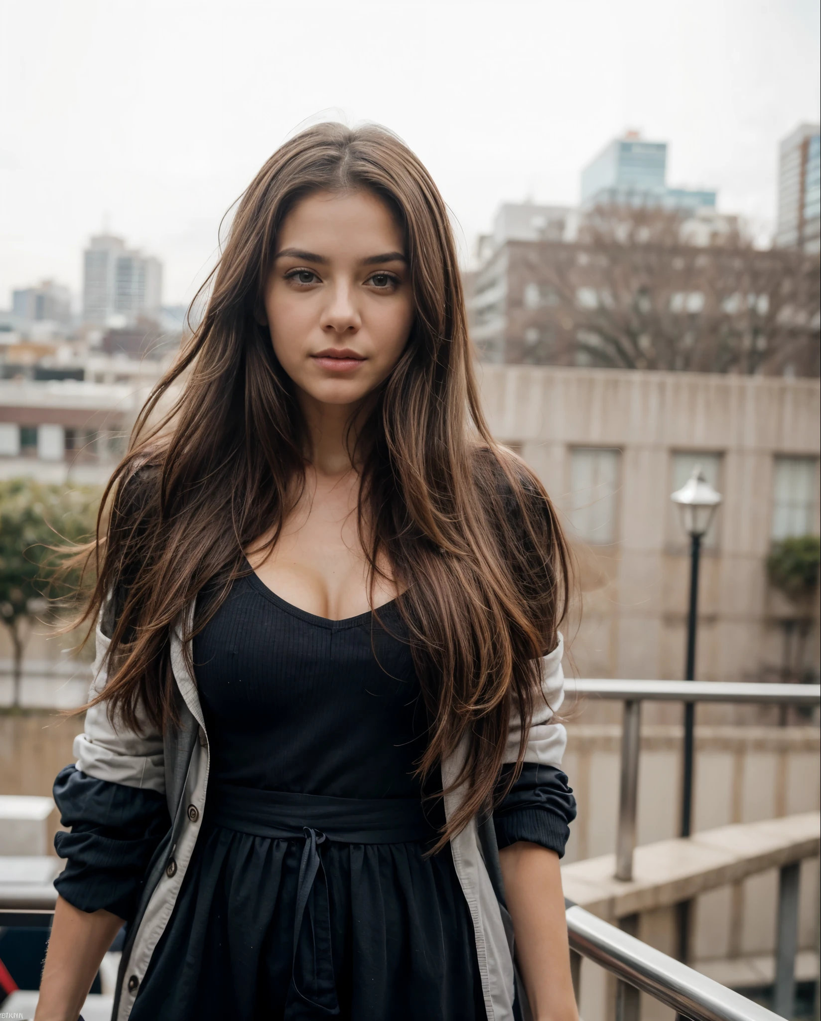 Uma linda mulher, Face oval, sensitive lips, grandes olhos castanhos, 30 anos old, corpo desportivo magro, medium sized breast, out there in a city, 1/2 corpo, vista frontal, cabelos longos e cacheados, vestindo roupas da moda, the clothes are whole and constant, no text, tempo ensolarado, fundo desfocado, foto de selfie, cinematic lighting, desfoque de movimento, film grain, muito detalhado, 30 anos, cabelo castanho cacheado natural, olhos castanhos escuros, high resolution, Obra de arte, melhor qualidade, detalhes intrincados, altamente detalhado, sharp focus, pele detalhada, realista skin textura, textura, olhos detalhados, Profissional, 4k, 85mm, Profundidade superficial de campo, Kodak Color Vision, corpo em forma perfeita, extremamente detalhado, foto_\(ultra\), fotorealista, realista, Post-processing, maximum detail, rugosidade, Vida real, ultra realista, fotorealism, fotography, 8k hd, fotography (film grain) medium shot to close-up, rosto mais longo e magro, rosto perfeito, rosto longo e oval lindo, olhos castanhos escuros, (((Muito cacheado))), olhar profundamente encantador, olhos castanhos profundos encantadores, olhar sedutor, rosto perfeito