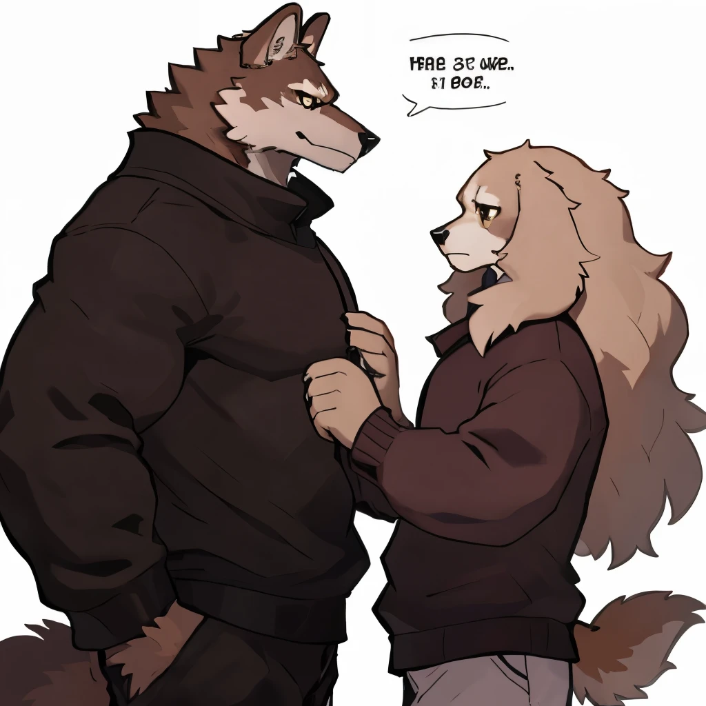 Drawing style An anthropomorphic brown wolf with red eyes he is tall He has an athletic body and he wears a black winter coat and underneath a gray sweater and black pants and shoes. A male anthropomorphic white Cocker Spaniel, with eyes blue. His fur is white, with long hair, slender body. He is wearing a burgundy sweater and white stretchy pants and black shoes.the wolf is penetrating the cocker spaniel