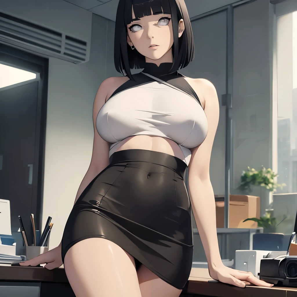 (masterpiece), anime, Best quality, good anatomy, one girl, Hinata Hyuga, (full height), white eyes, Big breasts, realistic face, gloomy face, Looking down, dark hair, short haircut, navel ,bare shoulders, tight black top, decollete, black pencil skirt, tall legs, beautiful legs, office, Reflectors, 8K masterpiece, super detail, film movie, best quality, best ditails, detailed face, detailed eyes, camera from bellow