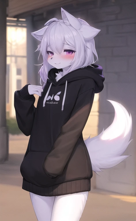furry, white fur,cute face, blushing, purple and black elements on fur, white oversized hoodie, beautiful lights and shadows, ambient light, ultra detailed fur, volumetric light