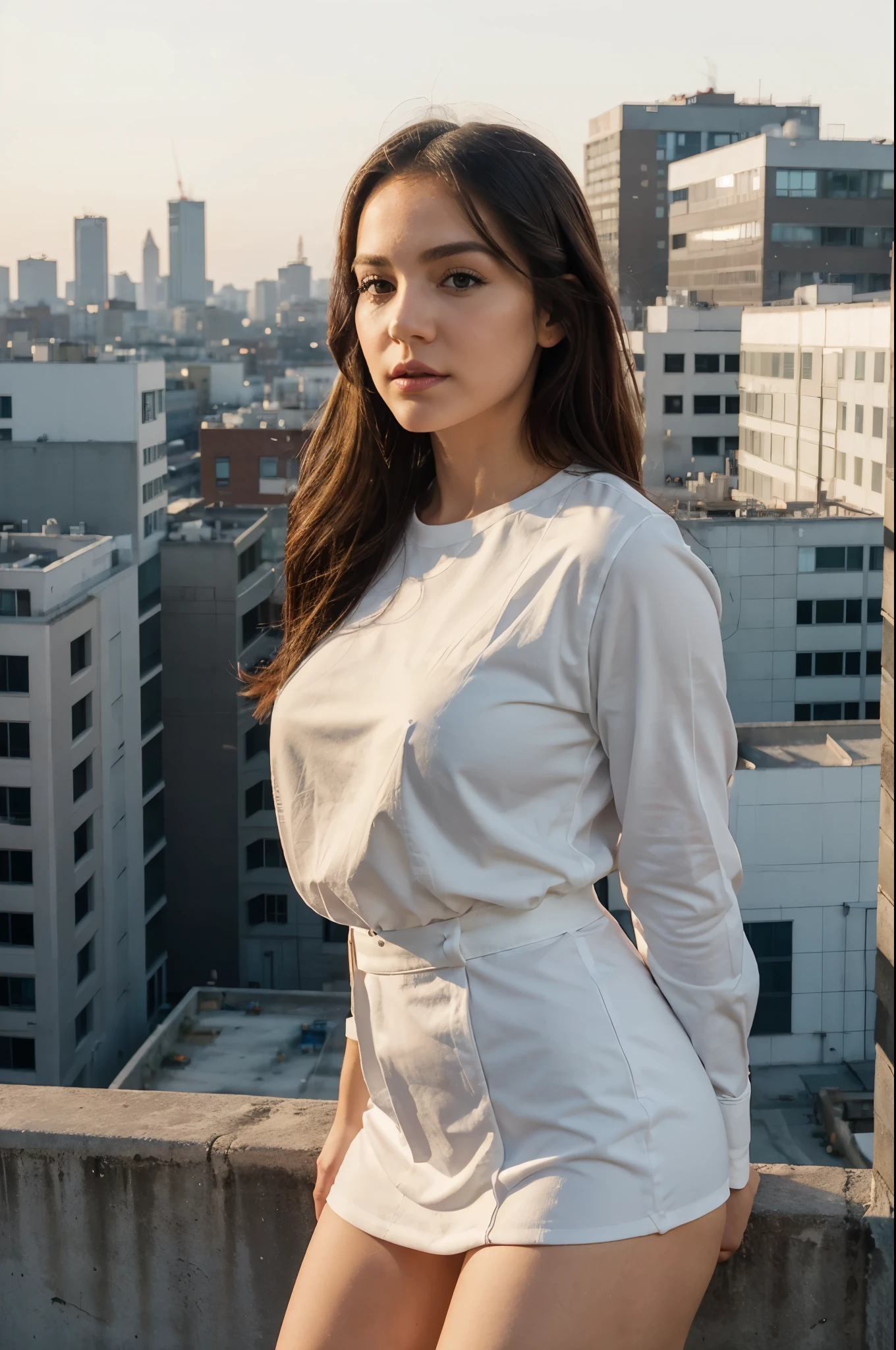 a perfect babe face wearing white with sexy lip {{realistic}} standing on top of build, golden hour view, dept of field, city behind