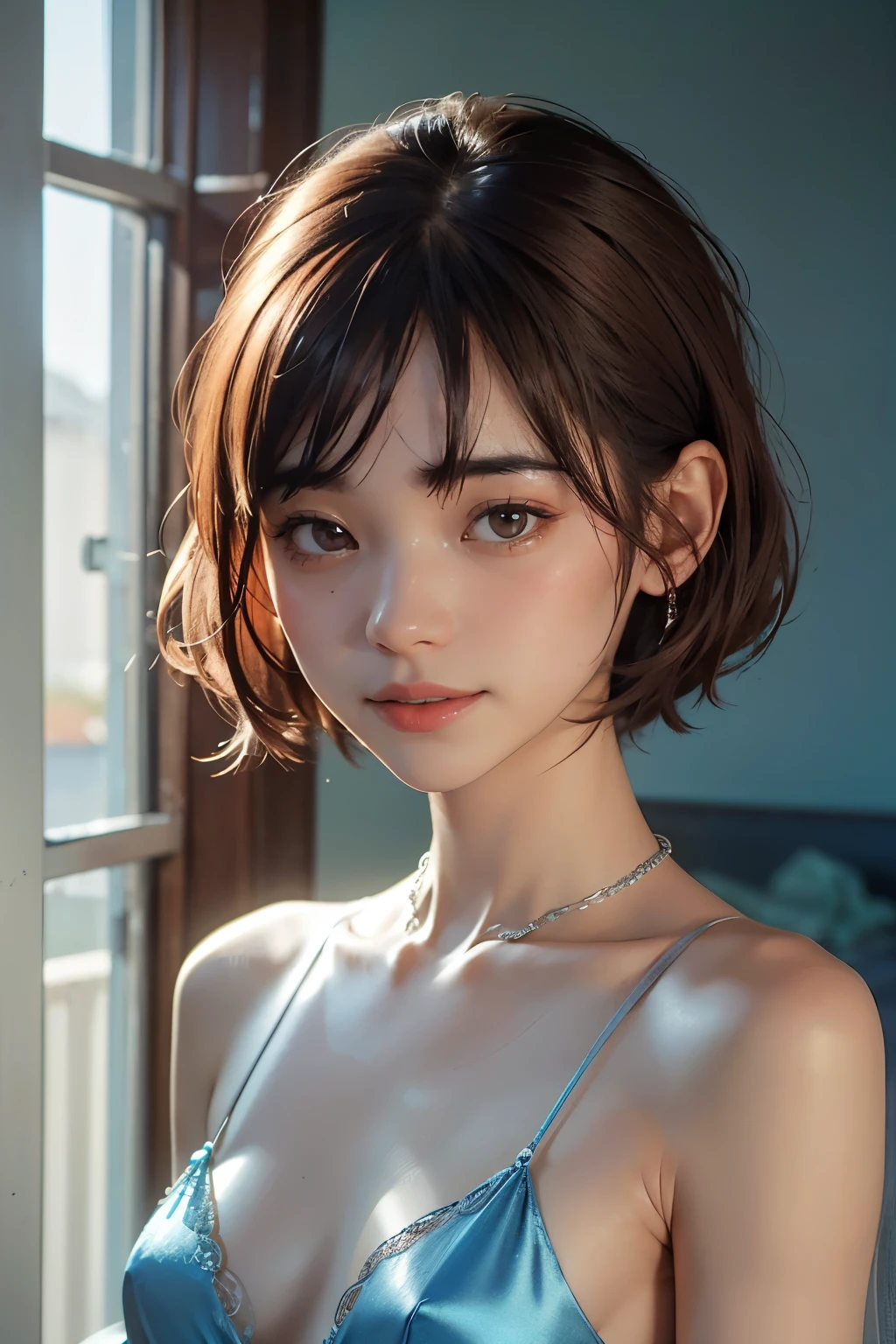 raw photos, Full body photo of Ceciliadeo1SD,reddish brown hair, Short pixie haircut, Pale skin, slim body, room background, blue silk veil,Small silk chain belt, (Highly detailed skin:1.2), 8k uh, DSLR, soft light, High quality, Film texture, Fujifilm XT3