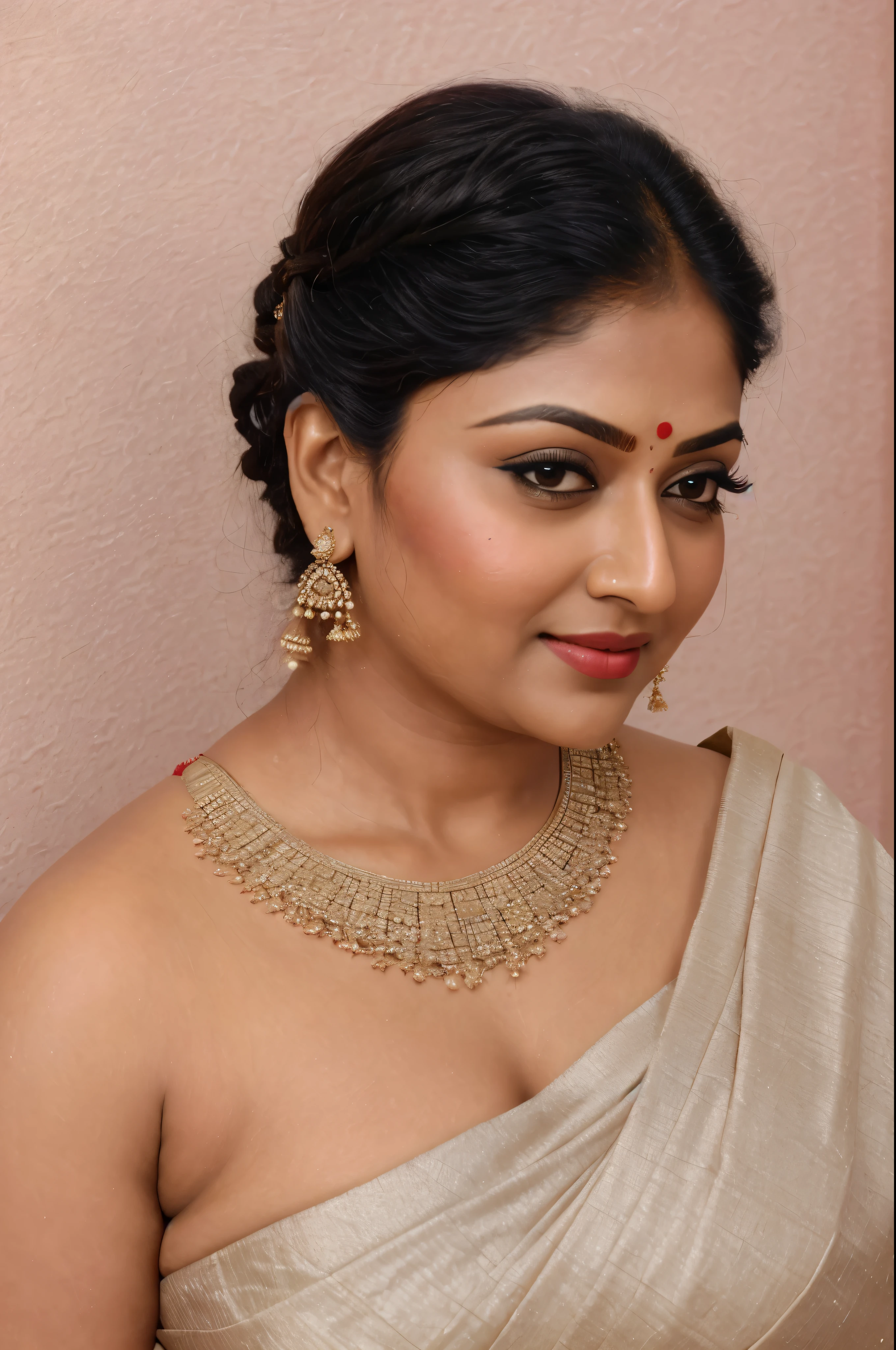 Wearing a sexy satin saree with strapless Bra, sexy Indian housewife, Looks like Indian Actress Nayanthara, actress Nayanthara, mallu, mallu aunty, desi aunty, full figured mature beauty,  sweaty skin , shining skin, sweat, attractive figure, 48 years old, spicy hot, desi milf, desi aunty, a close up of a woman in a red dress in a bedroom, inspired by Avigdor Arikha, sleek!!!, indian super model, wavy hair combed to one side, actress, by Jitish Kallat, smoldering, intense smoldering, fashion, an angel, print ready, with a dramatic looking, inspired by Sudip Roy, seductive look, sexy Saree queen, sexy Saree fashion, seductive Saree,  wear saree, sizzling hot Beauty, red juicy lips, detailed armpits, 