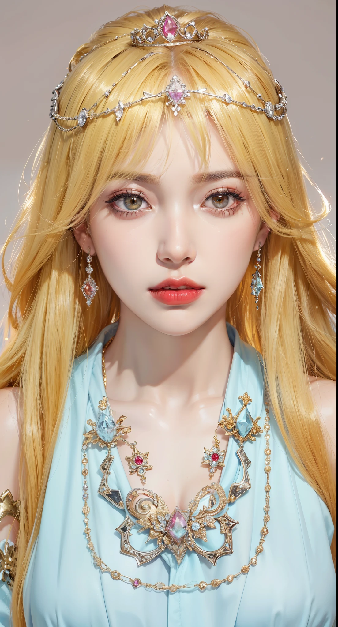 cute girl, (platinum hair), ((very long curly hair)), perfect face, innocent smile, (cerulean eyes), (naked), (petite), (slender), ((flat chest)), ((21 years old)), skindentation, extreme detail, attractive oval face, red lips, pink nipples, glossy skin, detailed hair, face focus, close-up chest, ornamental gold necklace, gold earrings, ((1 girl)), embarrassed expression, elf ears