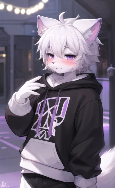 High Resolution, Best Quality, Blush, solo, Femboy, Neon, cyberpunk background, Earrings, Horns, kemono furry, fluffy tail, collar, tech wear, shorts, arm warmers, striped black thigh highs, bulge, drawing, dorm room, lightly blushing, Depth Of Field, Lens Flare, Glowing Light, Reflection Light, God Rays, Anatomically Correct, From Above,