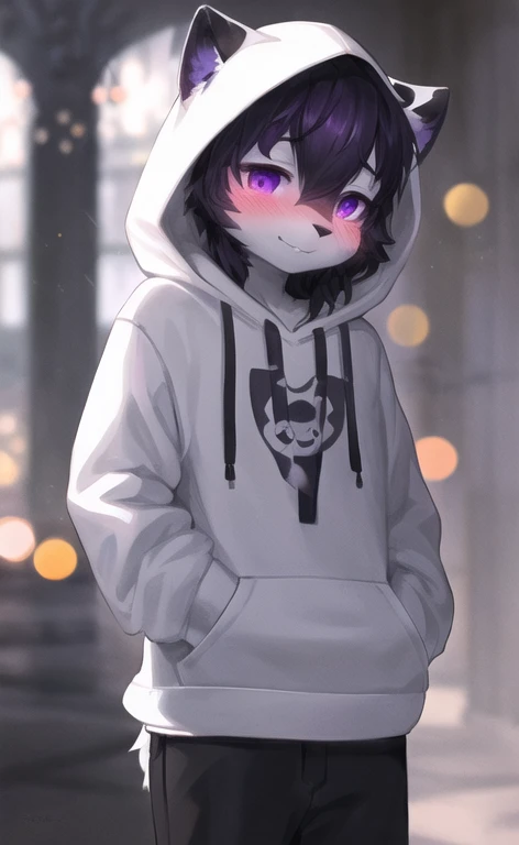 furry, white fur,cute face, blushing, purple and black elements on fur, white oversized hoodie, beautiful lights and shadows, ambient light, ultra detailed fur, volumetric light, male